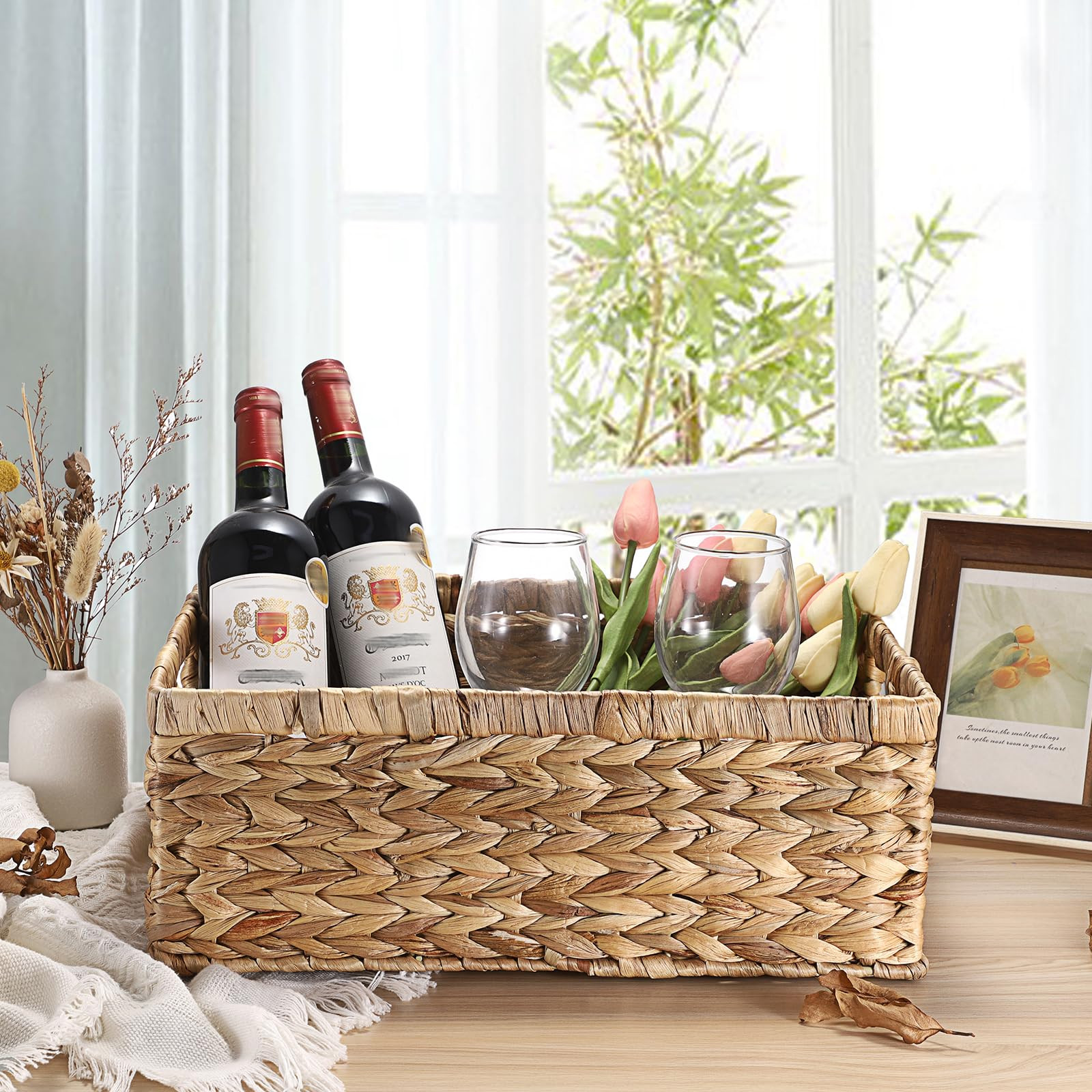 Wicker Basket for Shelf Natural Water Hyacinth Storage Baskets with Built-in Handles Rectangular ... | Amazon (US)