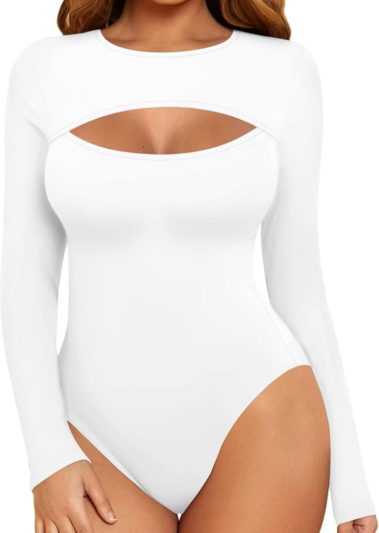 MANGOPOP Women's Cutout Front T Shirt Sleeveless Long Sleeve Short Sleeve Bodysuit Jumpsuits | Amazon (US)