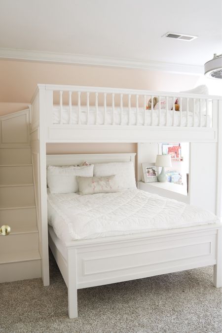 These beautiful white full-size bunk beds can be set up together or individually. At first we used them as shown here, but now they are in different rooms.

#LTKhome