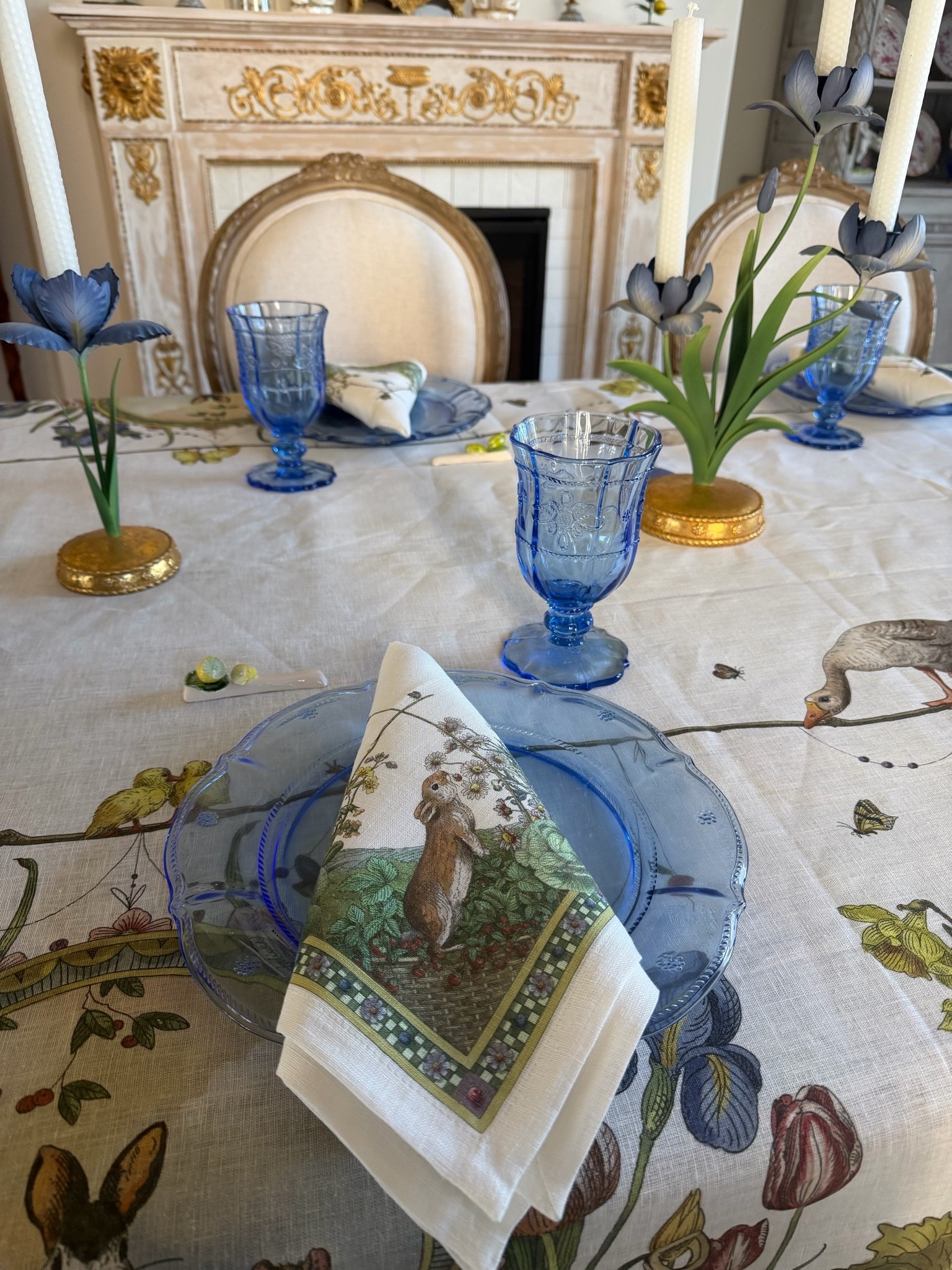 Pretty Spring table with Juliska meadow walk and blue Colette dishes (retired).