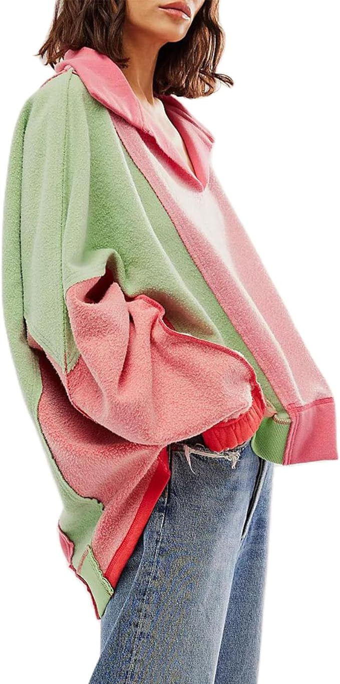 Yuemengxuan Women Fleece Sweatshirts Long Sleeve Colorblock Cropped Oversized Sweatshirt Y2k V-Ne... | Amazon (US)