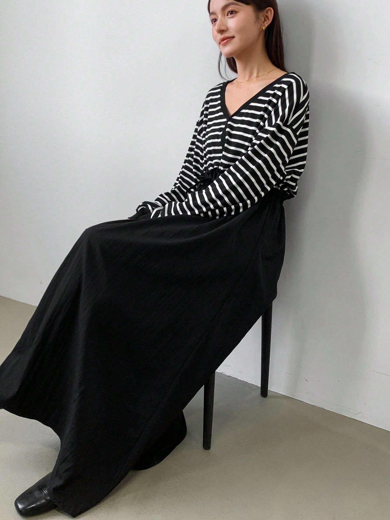 FRIFUL  Women Casual Loose V-Neck Drop Shoulder Long Sleeve Stripe Splicing Dress, Spring/Summer | SHEIN