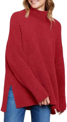 ANRABESS Women Oversized Turtleneck Long Sleeve Fuzzy Knit Slit Side Chunky Warm Pullover Sweater... | Amazon (US)