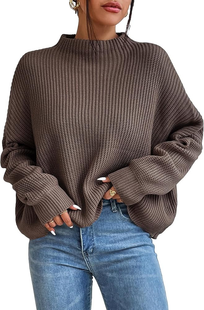 SHENHE Women's Mock Neck Oversized Ribbed Knit Dolman Sleeve Solid Pullover Sweater Top | Amazon (US)