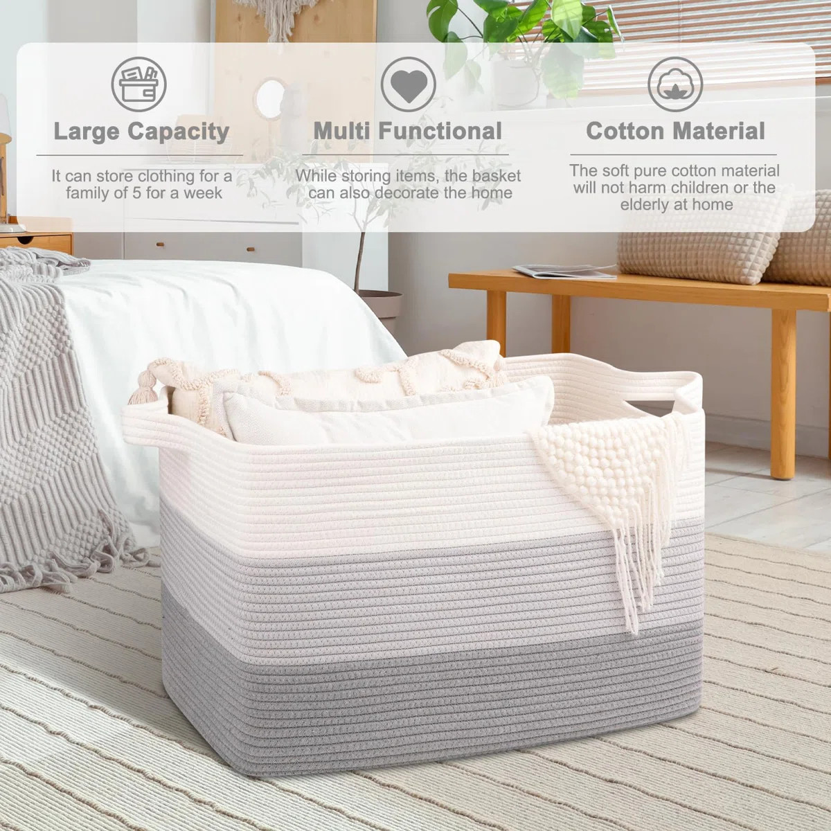 Extra Large Blanket Basket, 95L Cotton Rope Woven Laundry Basket, Toy Bin For Baby Room, Containe... | Wayfair North America