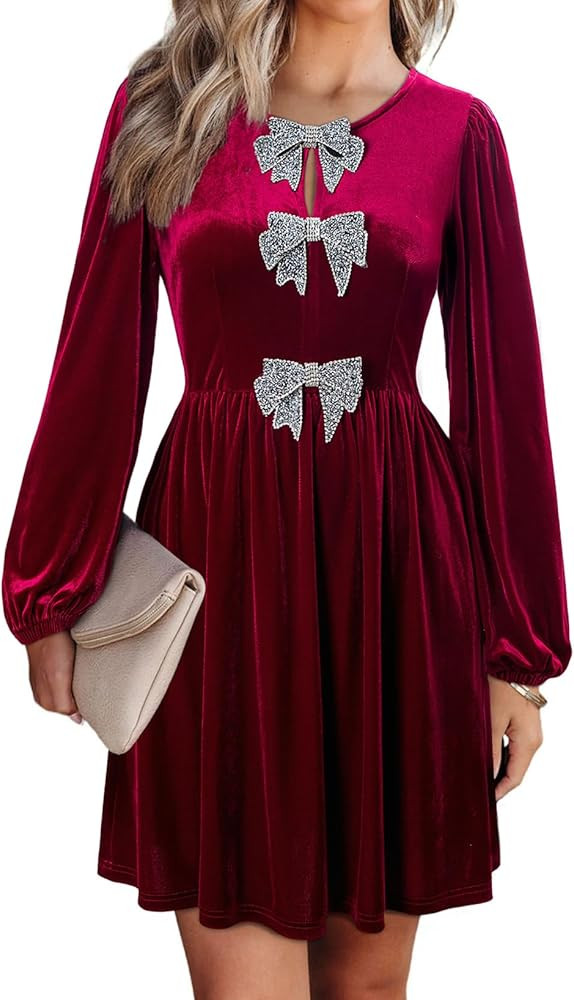 Happy Sailed Womens Velvet Dress Fall Winter Long Sleeve Bowknot High Waisted A Line Cocktail Dre... | Amazon (US)
