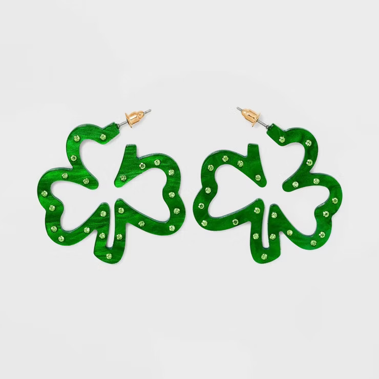 Shamrock and Stone Hoop Drop Earrings - Green | Target
