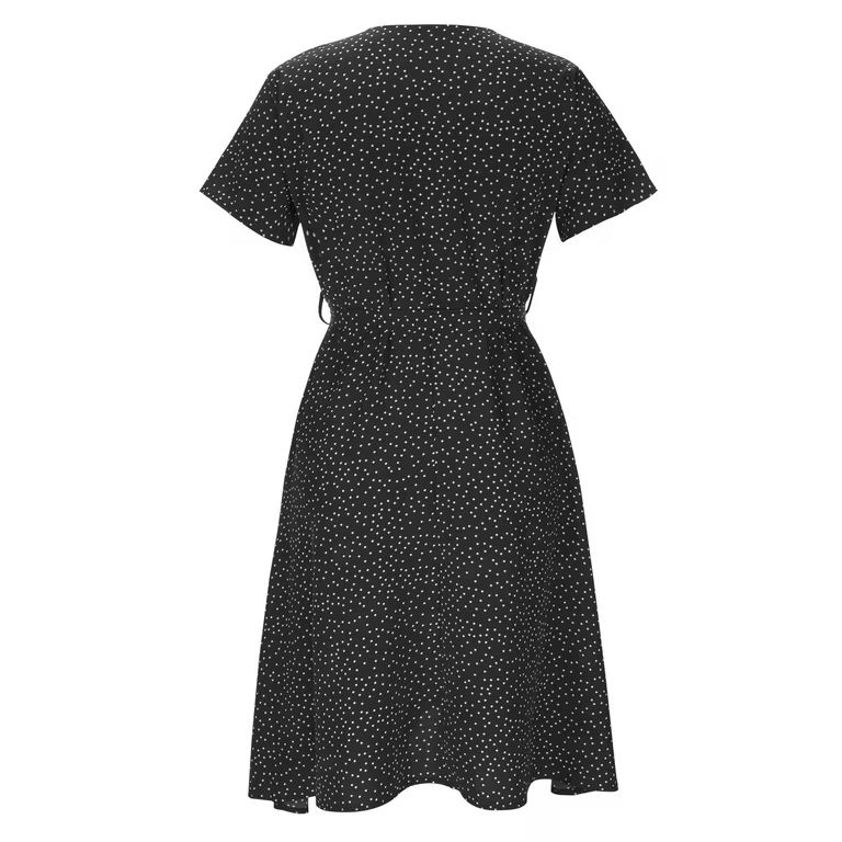 Women Casual Dress Summer Dress V Neck Solid Color Polka Dot Print Dress Short Sleeve Lace Up Tie... | Walmart (US)