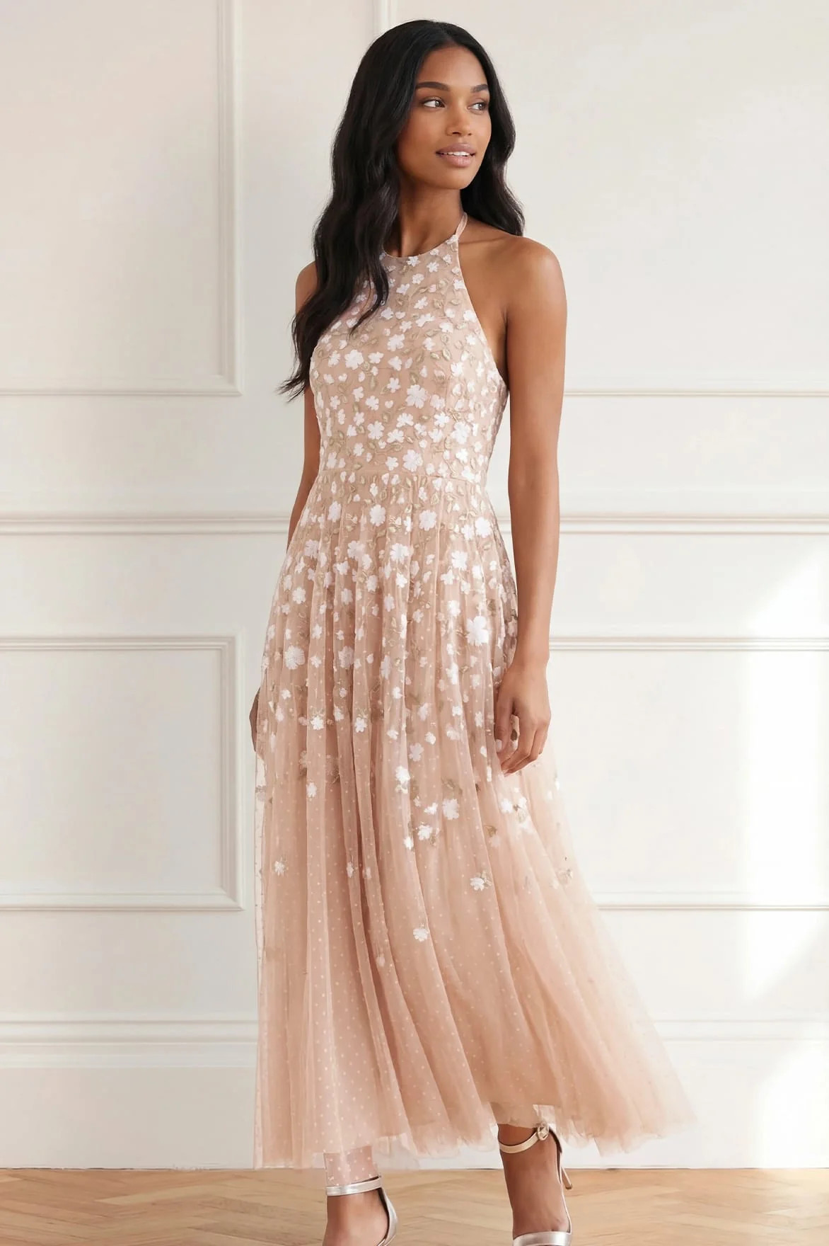 Trailing Roses Halter-Neck Ankle Gown | Needle & Thread