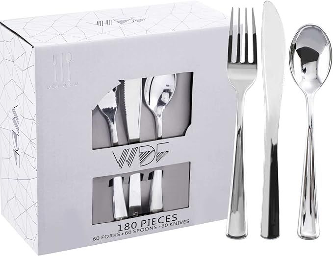 WDF 180 Pieces Plastic Silverware - Silver Plastic Silverware - Plastic Silverware Heavy Duty - 6... | Amazon (US)
