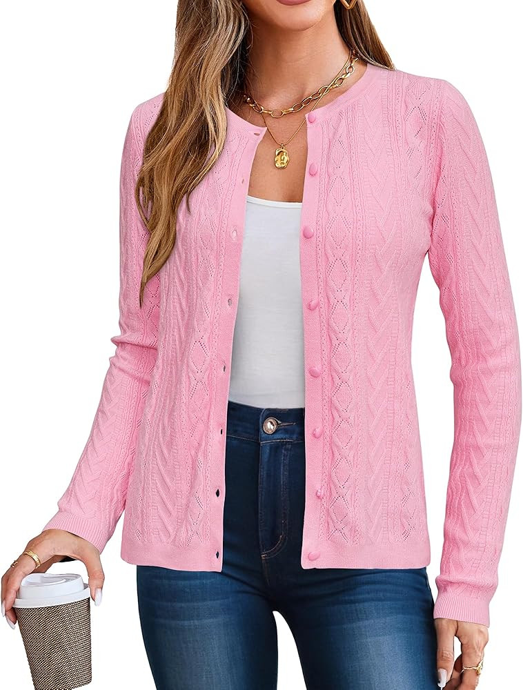 Arach&Cloz Womens 2025 Cable Knit Cardigan Long Sleeve Button Down Casual Sweater Lightweight Cre... | Amazon (US)