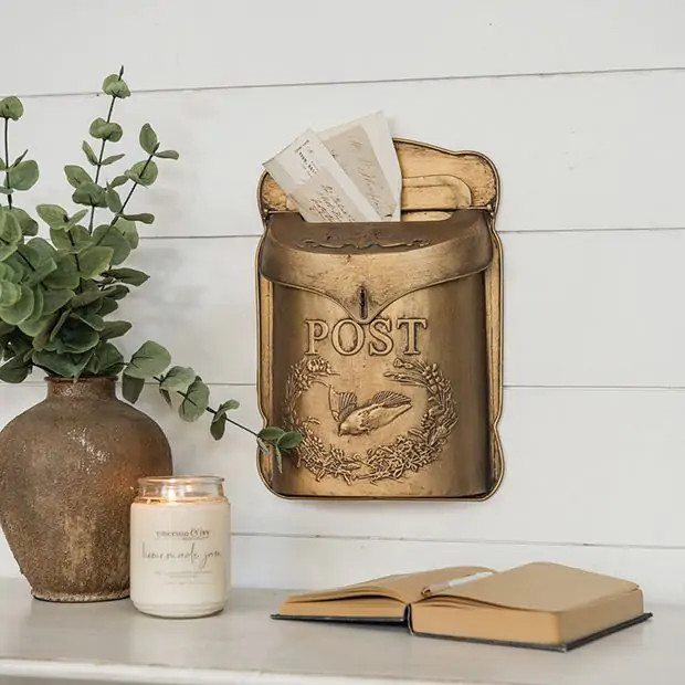 Gold Metal Wall Mount Post Box | Antique Farm House