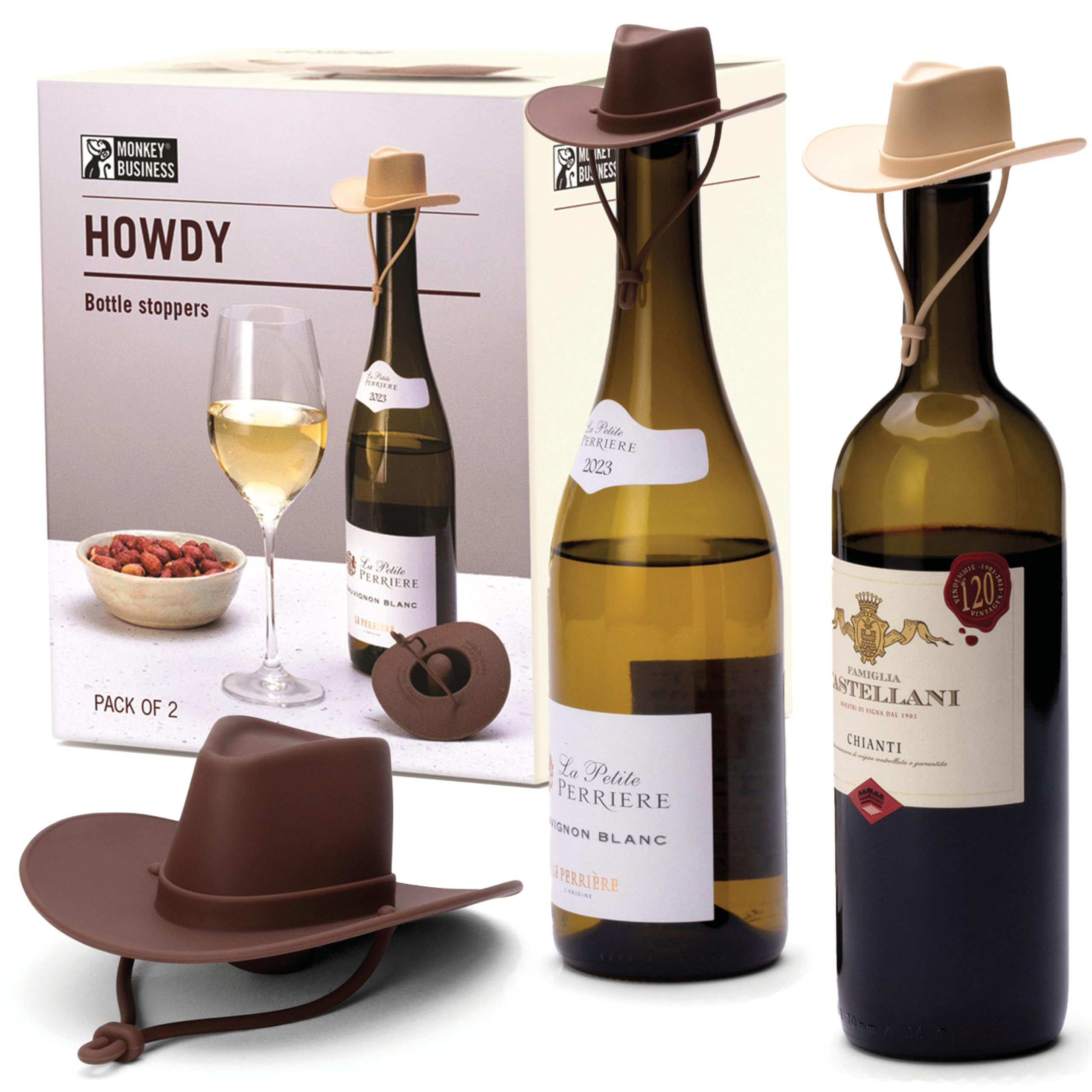 Monkey Business Howdy - 2-Pack Cowboy Hat Wine Stoppers – Fun Silicone Bottle Stoppers Keep Win... | Amazon (US)