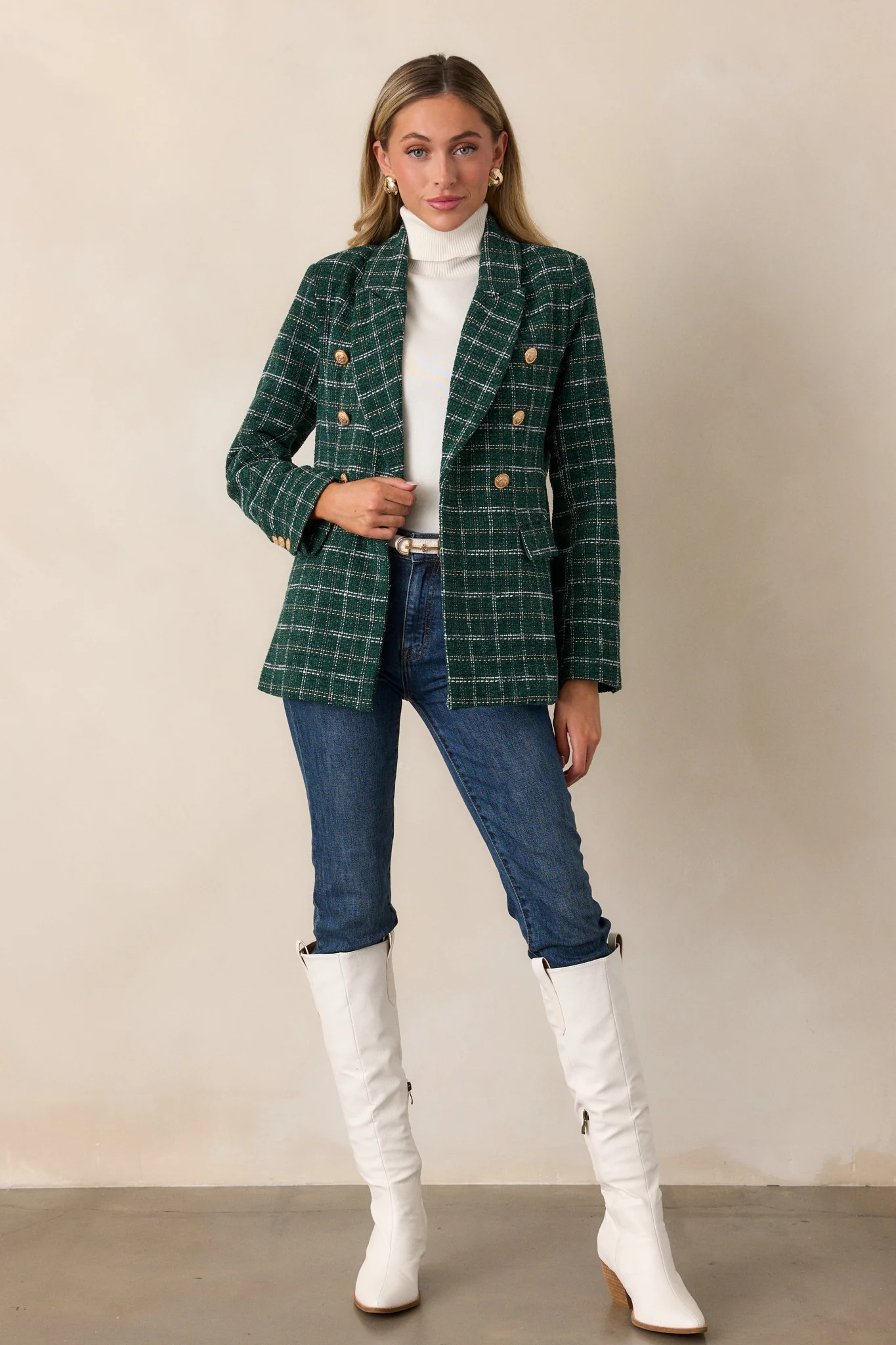 In The Stillness Forest Green Tweed Coat | Red Dress