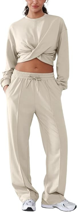 Women's Cotton Y2K 2 Piece Outfits Sweatsuit Travel Cropped Twist Sweatshirt Wide Leg Sweatpant T... | Amazon (US)