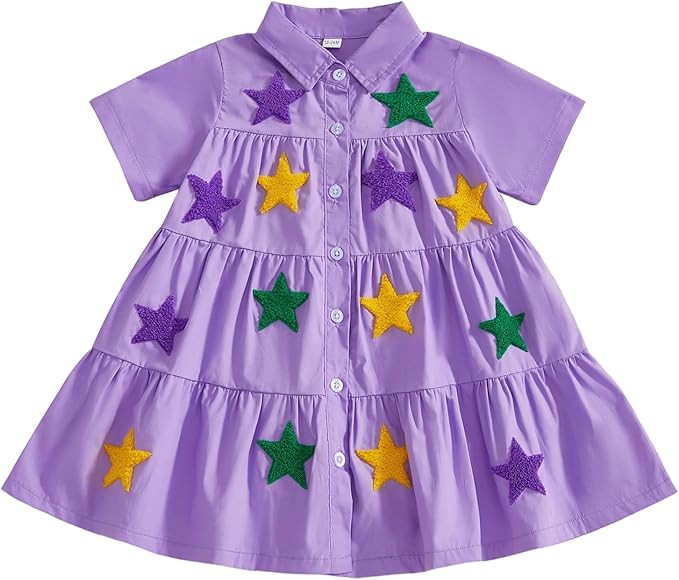 Toddler Baby Girl Mardi Gras Outfit Star Embroidery A-Line Dress Short Sleeve Button Cute Smocked... | Amazon (US)