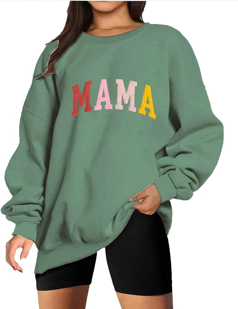 BOUTIKOME Mama Sweatshirt Women Funny Letter Print Mom Life Long Sleeve Crewneck Pullover Shirt B... | Amazon (US)