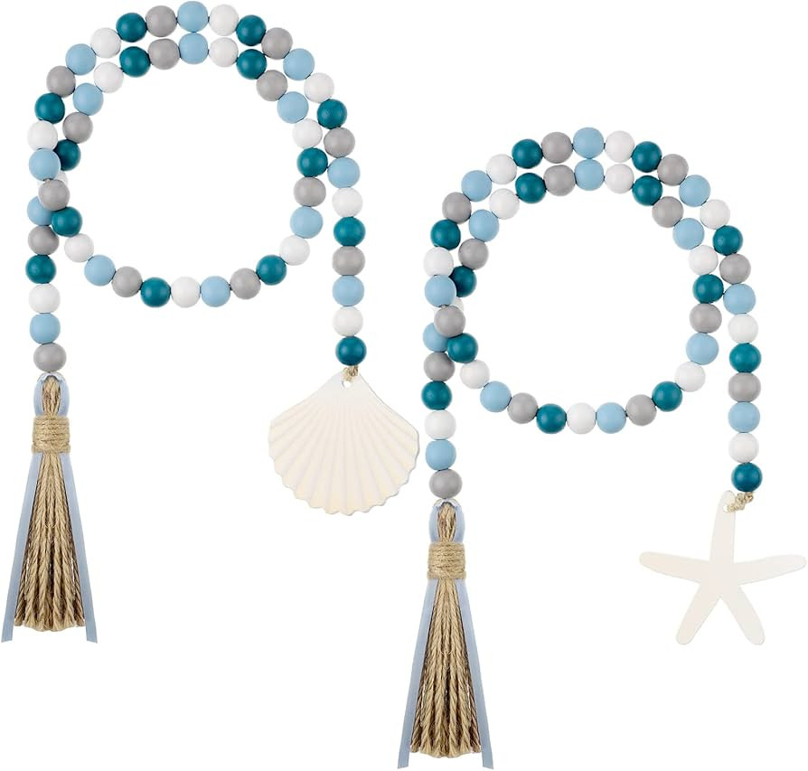 Seashell Wood Bead Garland 2 Pieces Farmhouse Beads Garland with Tassels Decorative Beads Home De... | Amazon (US)