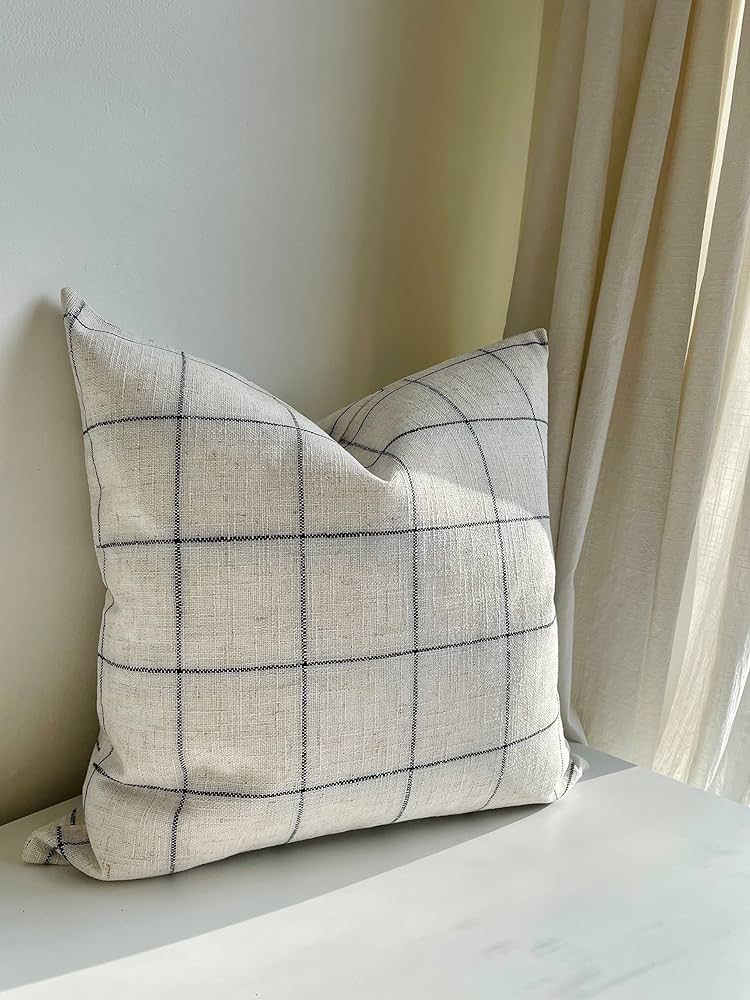 Windowpane Plaid Pillow Cover, 20 x 20 inch Linen Blend Pillow, Black and Cream Grid Throw Pillow... | Amazon (US)