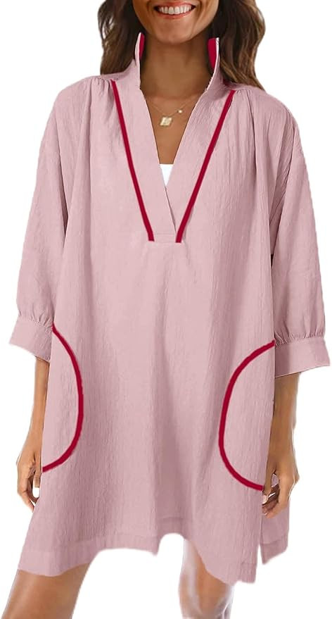 Saodimallsu Womens V Neck Swimsuit Coverup 3/4 Sleeve Color Block Oversized Cover ups Beach Mini ... | Amazon (US)