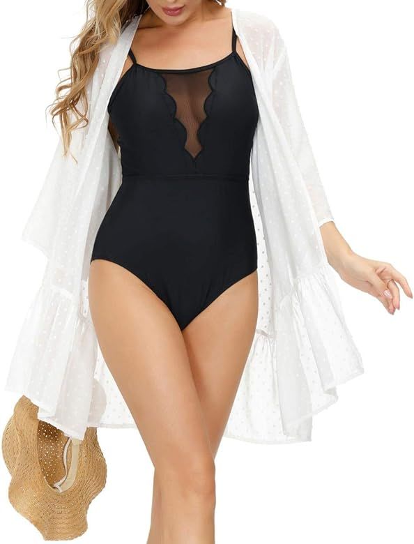 GRACE KARIN Women Swiss Dot Chiffon Cover-up Summer Semi Sheer Kimono Beachwear | Amazon (US)