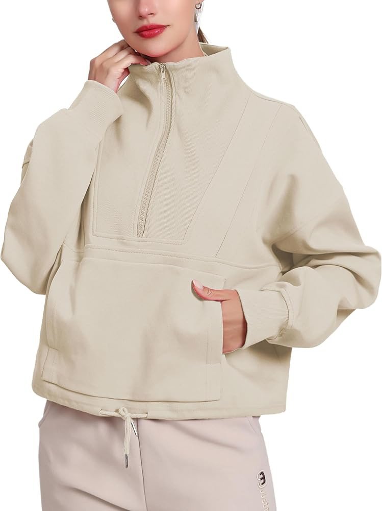 HerGymClothing Womens Cropped Sweatshirt Long Sleeve Half Zip Loose Workout Crop Athletic Jacket | Amazon (US)