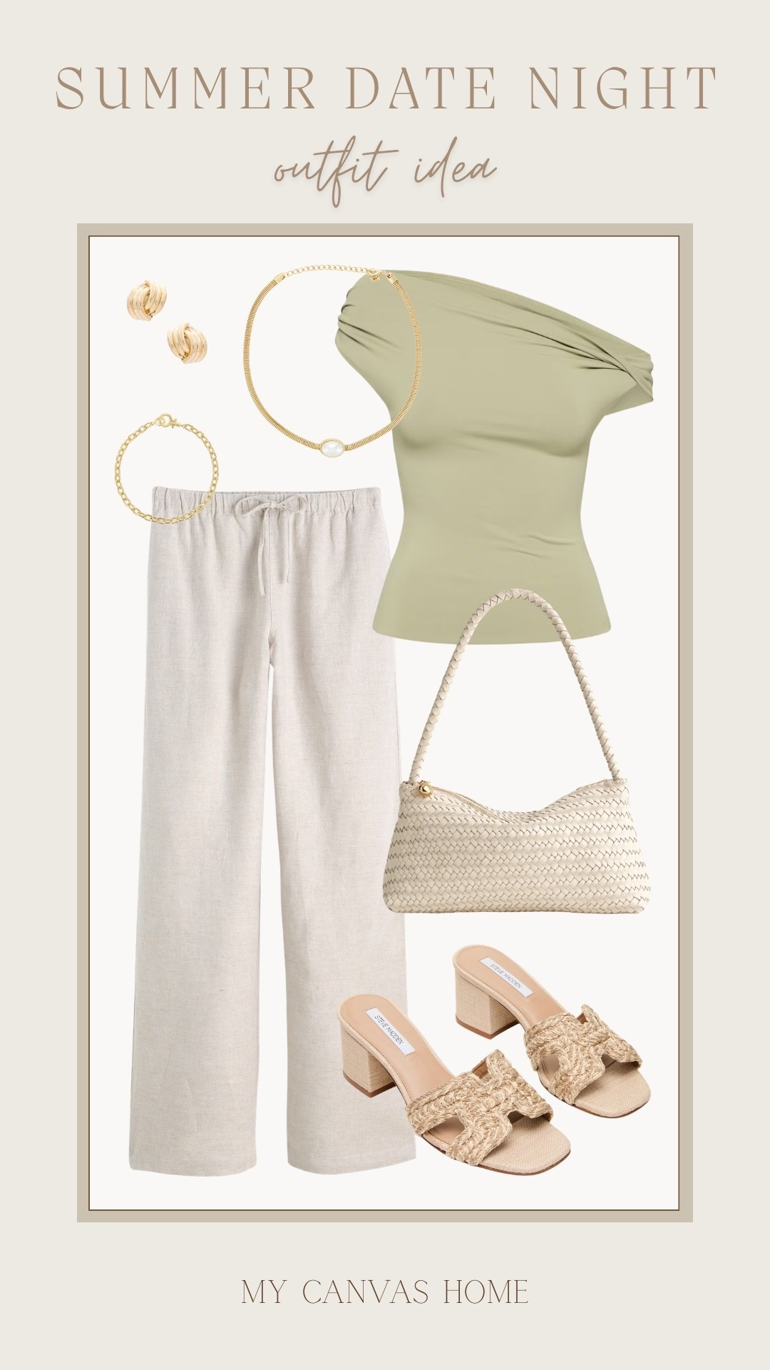 The easiest summer date night look ✨ Sage green + neutrals is such a pretty combo, and these linen pants are so comfy. Linked it all!

#LTKSeasonal