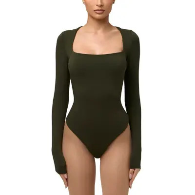 Naked Wardrobe Squared Away Long Sleeve Thong Bodysuit in Black at Nordstrom, Size X-Small | Nordstrom