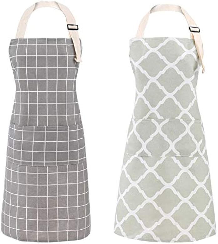 Tosewever 2 Pieces Cotton Linen Waterproof Bib Kitchen Apron with Pockets - Long Ties Adjustable ... | Amazon (US)