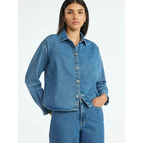 Scoop Women’s Rhinestone Embellished Cotton Denim Shirt with Long Sleeves, Sizes XS-4X | Walmart (US)