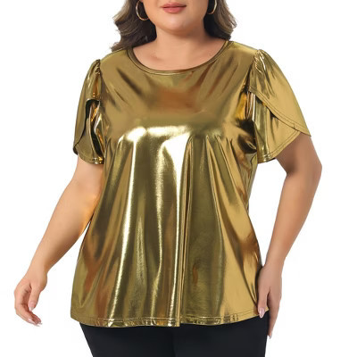 Women's Plus Size Metallic Sparkly Crew Neck Short Sleeve Party Disco Blouses - Agnes Orinda 4X Gold | Target