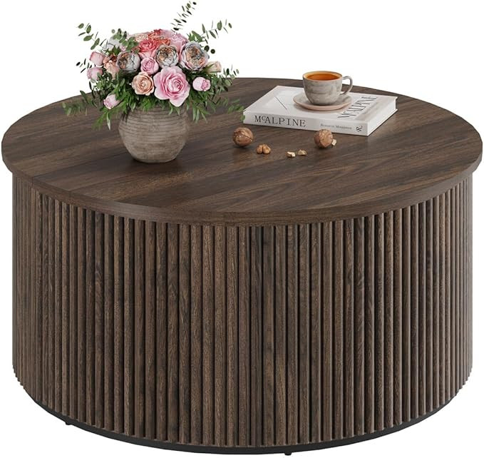 FATORRI Round Coffee Table, Fluted Woodern Center Table with Storage, Mid-Century Modern Cocktail... | Amazon (US)