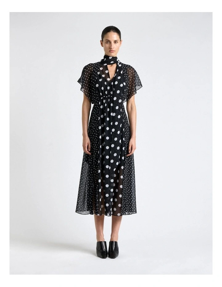Polka Dot Ruffle Sleeve Tie Neck Midi Dress in Black | Myer