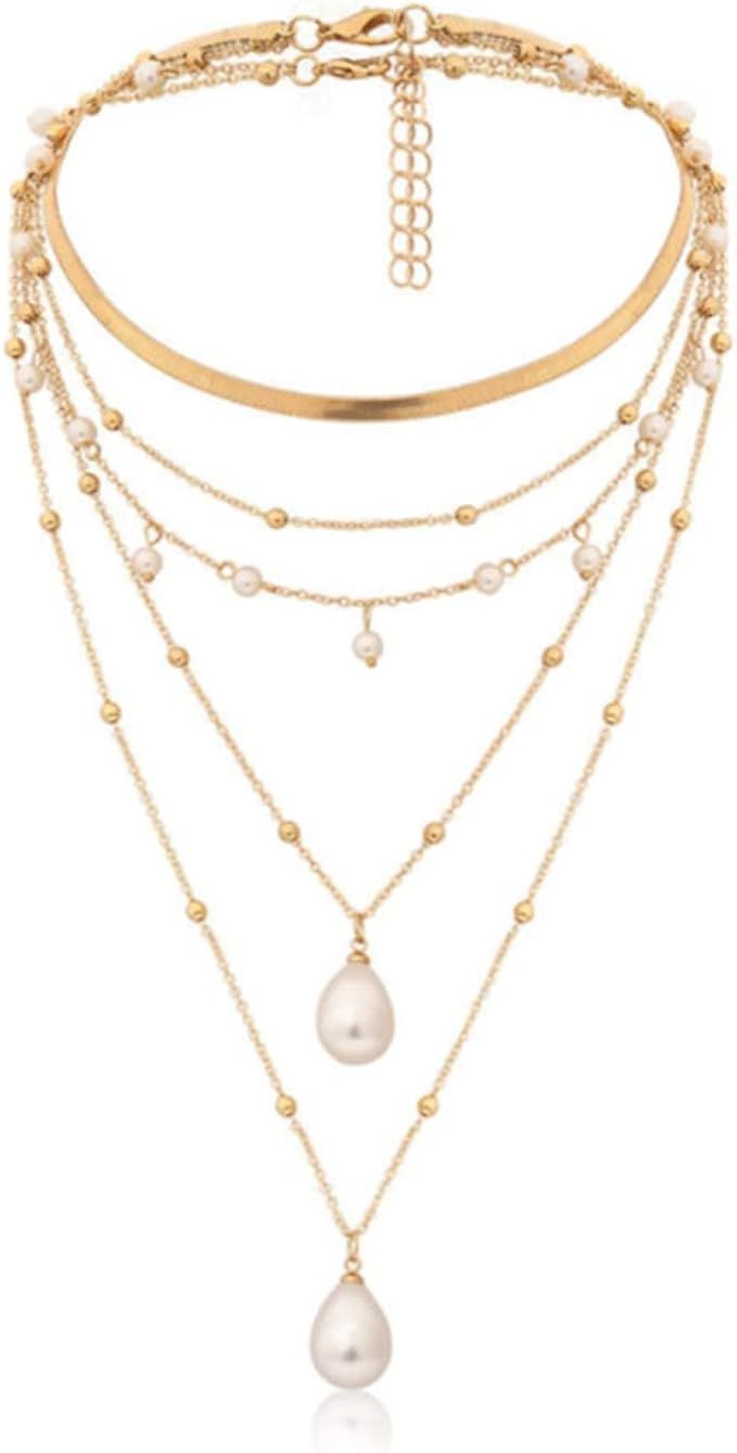 Amazon.com: fxmimior Boho 5 Tier Gold Punk Chain Layered Necklace Dainty Pearls Pearls Pendant Lo... | Amazon (US)