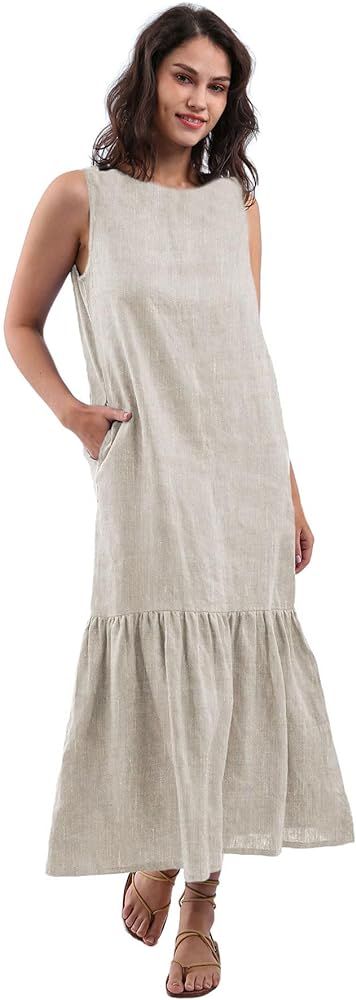 Amazhiyu Womens 100% Linen Summer Sleeveless Ruffle Midi Dresses with Pockets | Amazon (US)