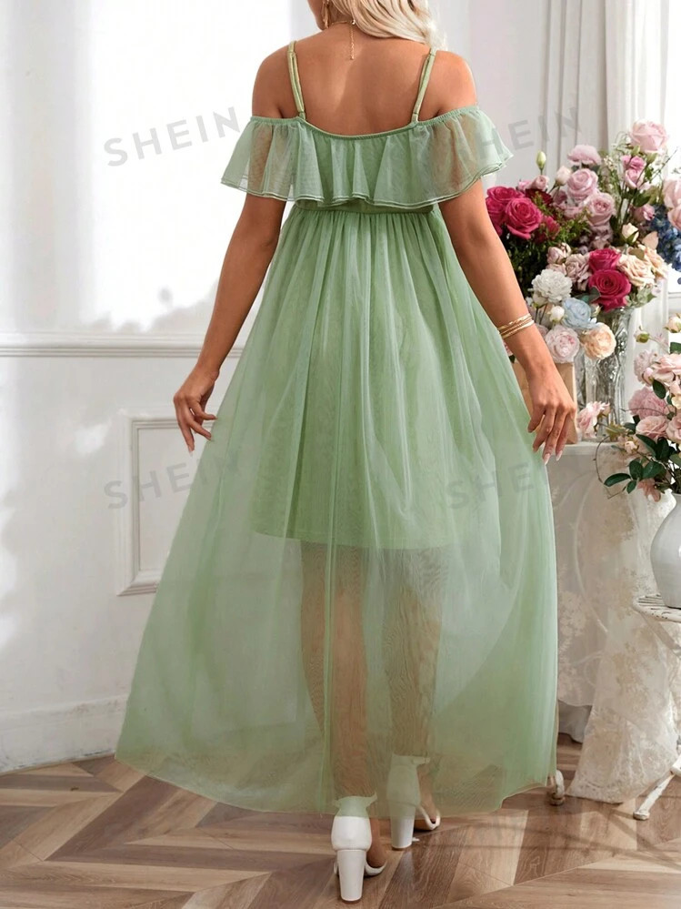 SHEIN Maternity Elegant Romantic Double Layered Ruffle Sleeve Dress, Suitable For Gender Reveal P... | SHEIN