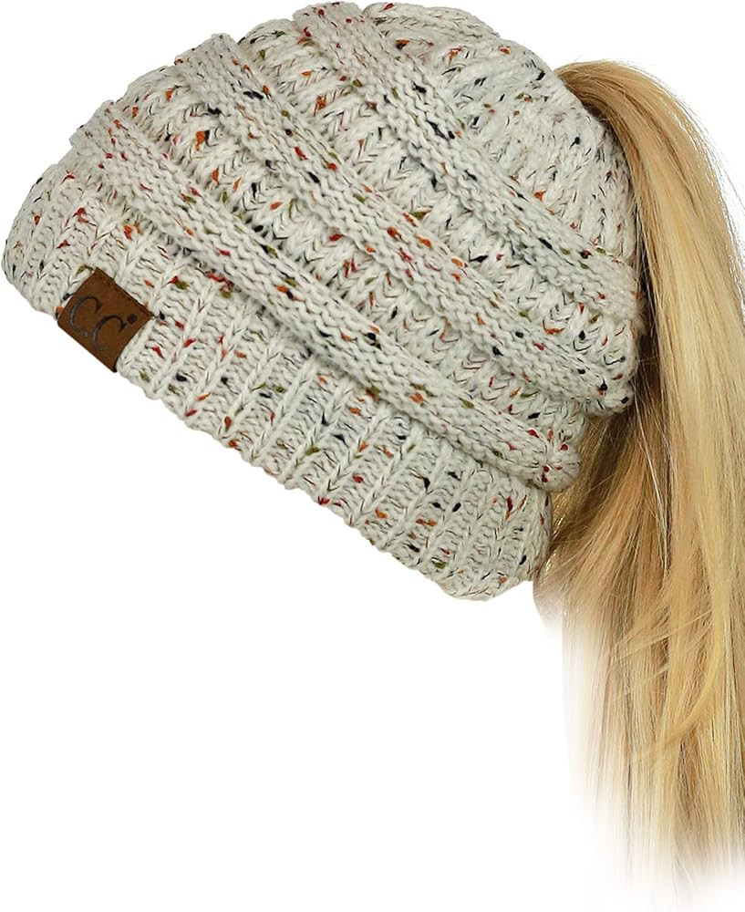 C.C Exclusives Soft Stretch Cable Knit Messy Bun Ponytail Beanie Winter Hat for Women (MB-20A) | Amazon (US)