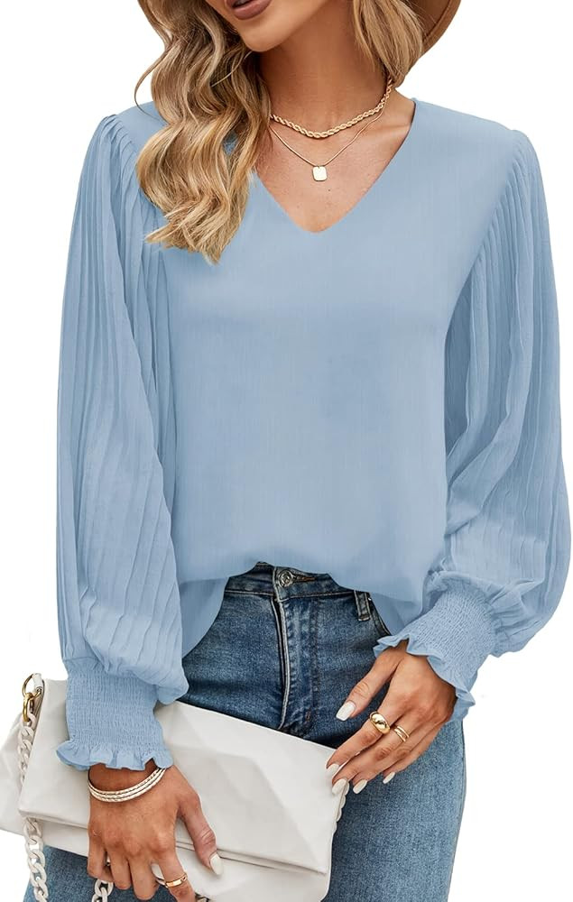 Aifer Womens V Neck Chiffon Blouses Pleated Lantern Sleeve Flowy Dressy Tops Elegant Business Cas... | Amazon (US)