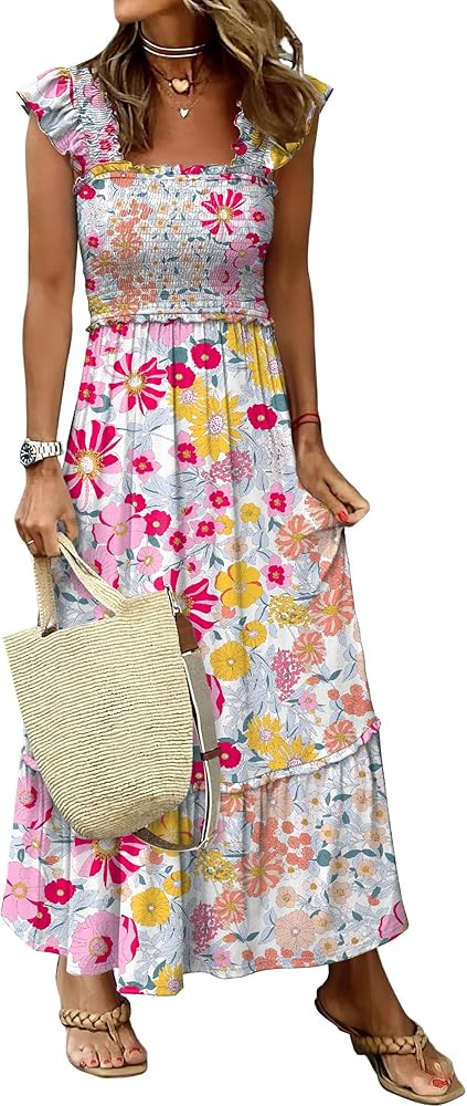 ANRABESS Womens Summer Sleeveless Maxi Dress Square Neck Smocked Boho Casual Ruffle Strap Flowy A... | Amazon (US)