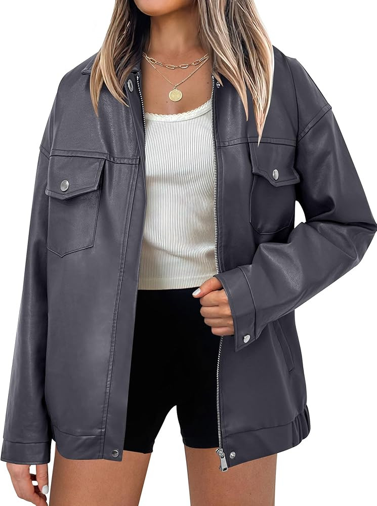 ANRABESS Women Oversized Leather Jackets Faux 2024 Fall Fashion Motorcycle Coats Winter Going Out... | Amazon (US)