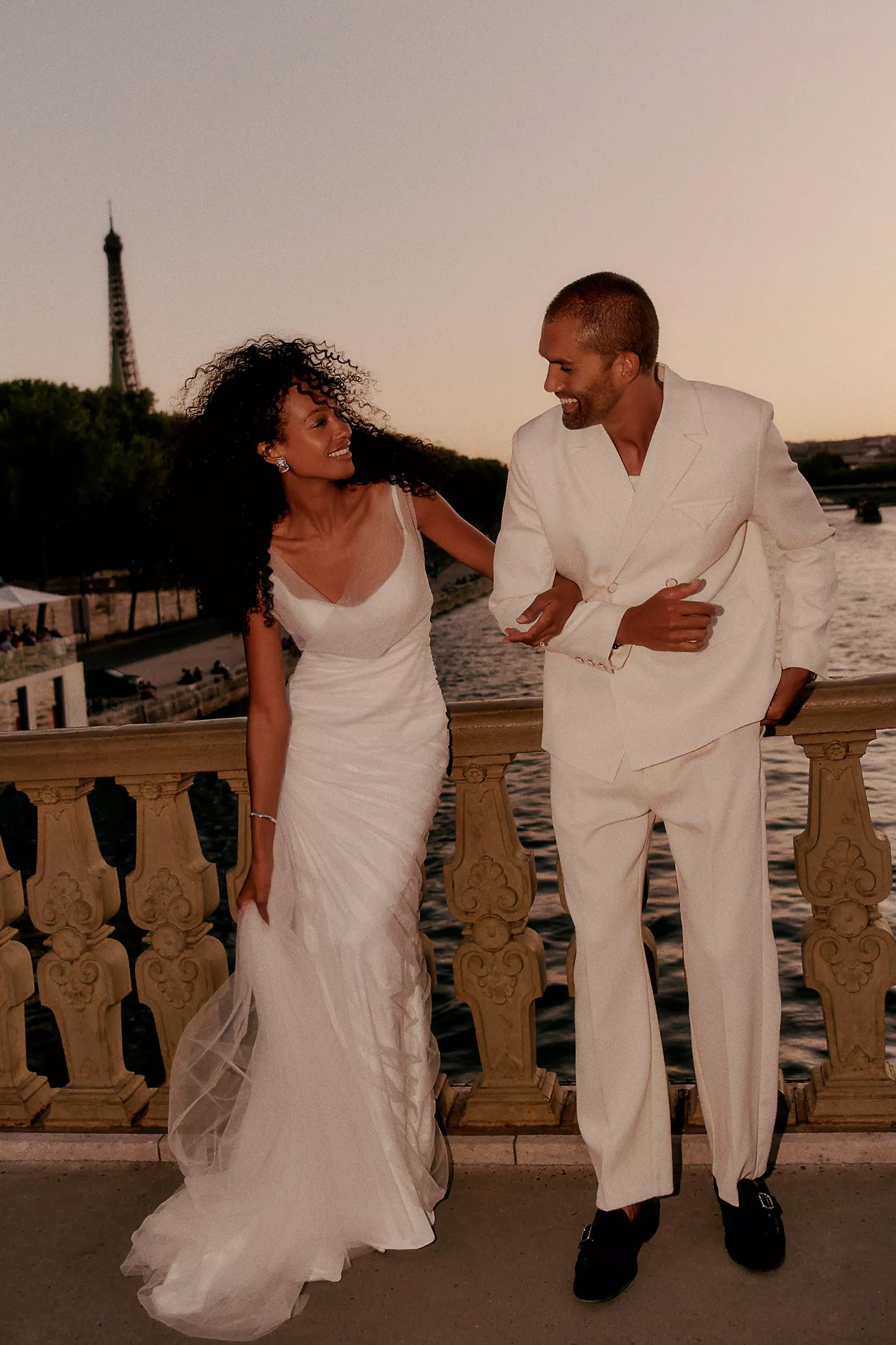 Sébastien Luke Ines Asymmetric Ruched Tulle Overlay Crepe Fit & Flare Wedding Gown | Anthropologie (US)