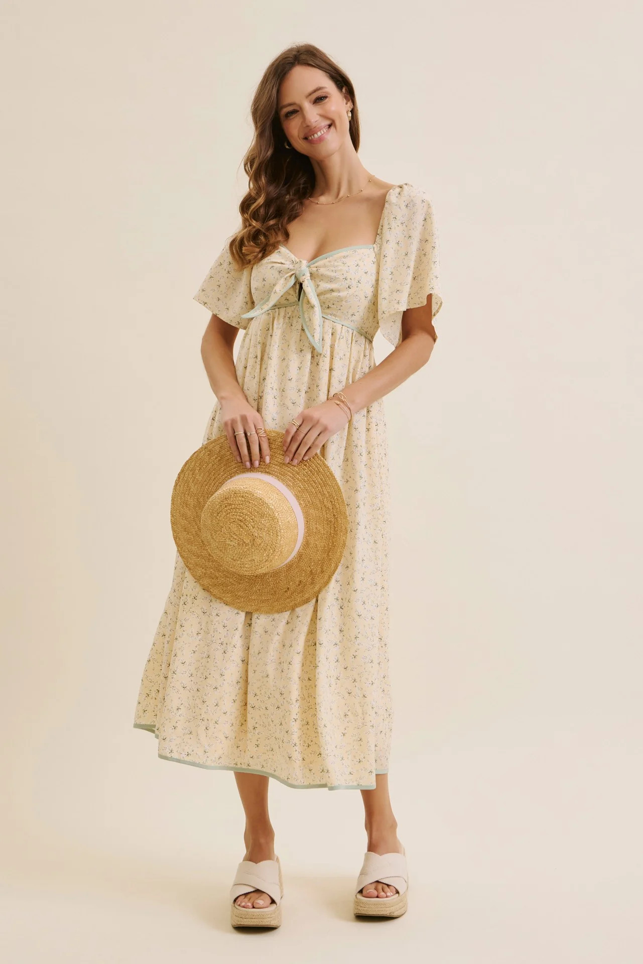 Butter Yellow Floral Tie Front Flutter Sleeve Midi Dress | PinkBlush Maternity