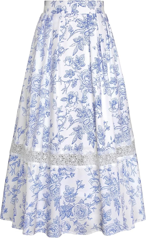 Belle Poque Women's High Waist Floral A-Line Midi Skirt - Flowy Summer Skirts with Pockets, Casua... | Amazon (US)