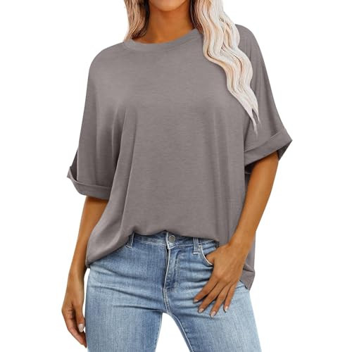 Womens Oversized Tee Shirts Half Sleeve round Neck Cute Summer Tops Loose Solid Elbow Length Dressy Blouses Vacation Spring 1/2 Sleeve Rolled Tunic Tops Woman Clothes Oversized T Shirts for Women | Amazon (US)