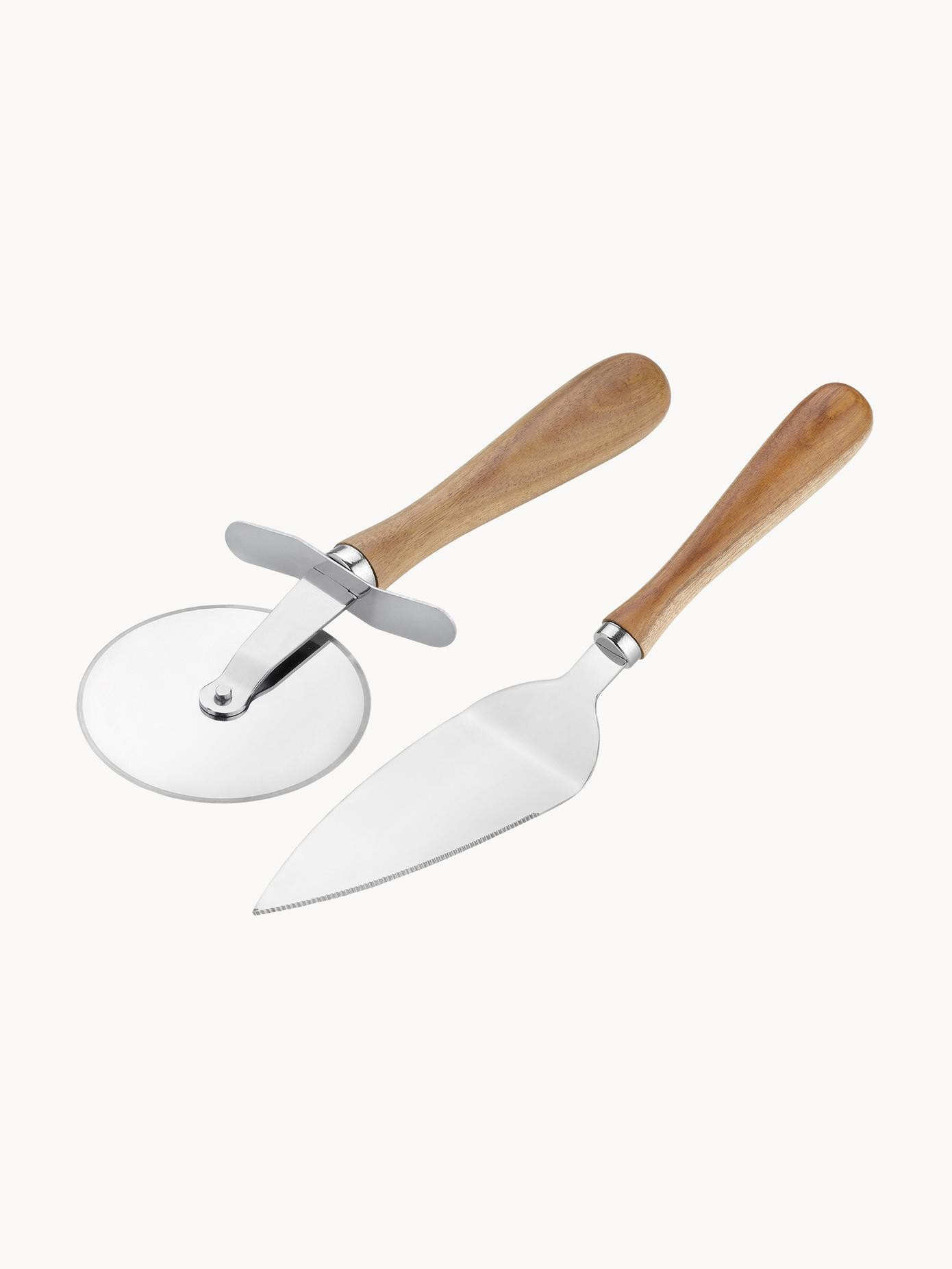 Silver pizza cutter and lifter Belli with acacia wood handle, set of 2 | Westwing EU