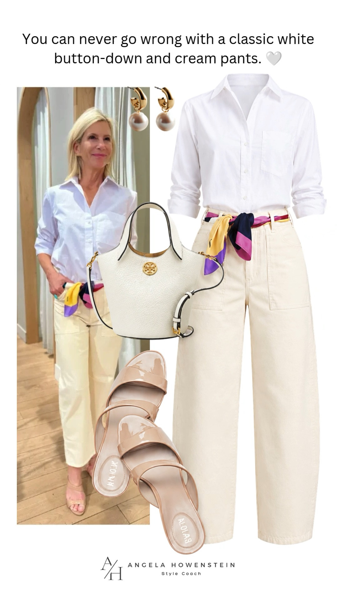 This white button-down shirt and cream wide-leg pants are two of my favorite wardrobe staples. Add a colorful silk scarf, neutral sandals, and a classic tote, and you have an effortless outfit that's perfect for lunch, travel, casual Fridays, or everyday summer style.

❤️ Heart = Support my posts
📌 Save = Get sale & restock alerts
🛍️ Follow me on LTK for more effortless style.

#LTKootd #LTKSeasonal #LTKOver40