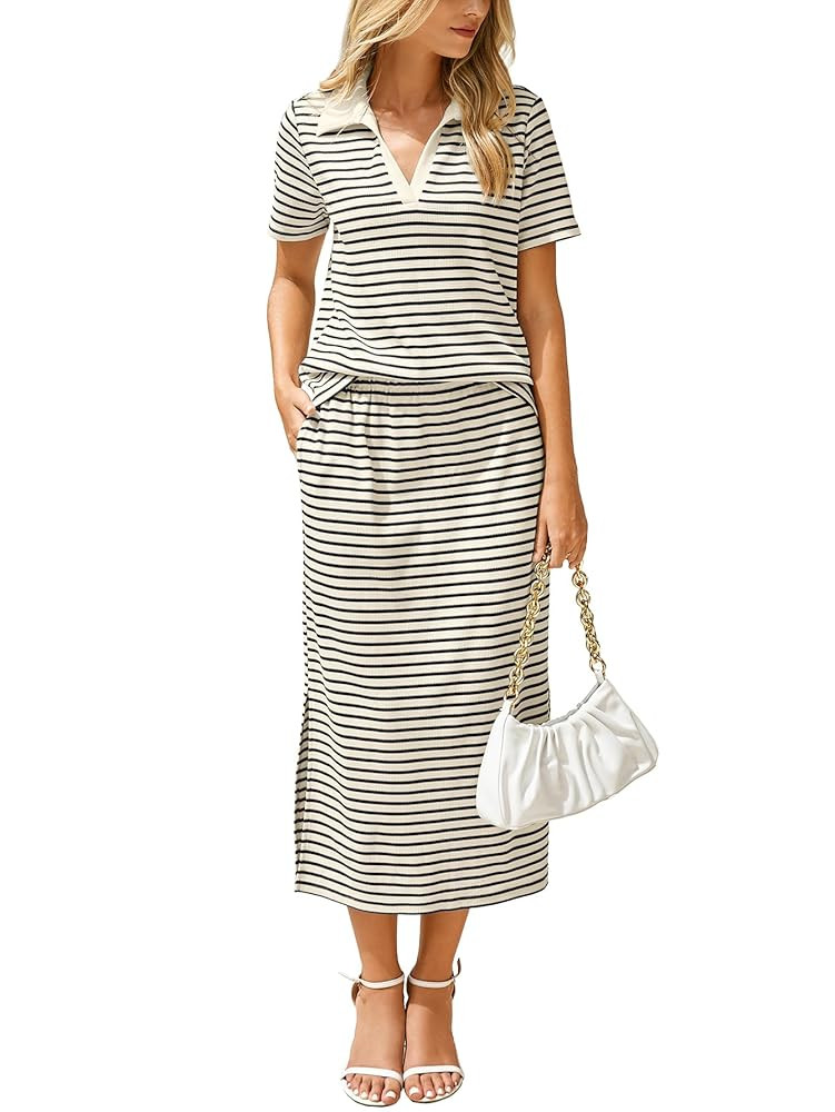 Glamaker Womens Skirt Sets 2 Piece Outfits 2025 Summer Casual Striped Short Sleeve Skirt And Top ... | Amazon (US)