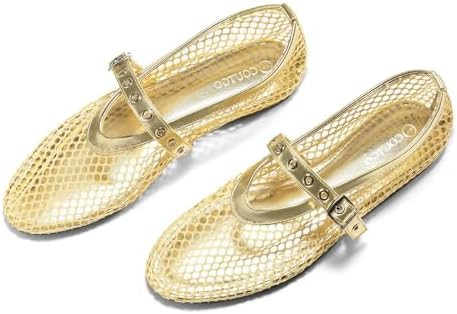 Coutgo Womens Mesh Ballet Flats Mary Jane Fishnet Ballerina Buckle Strap Comfortable Causal Dress... | Amazon (US)