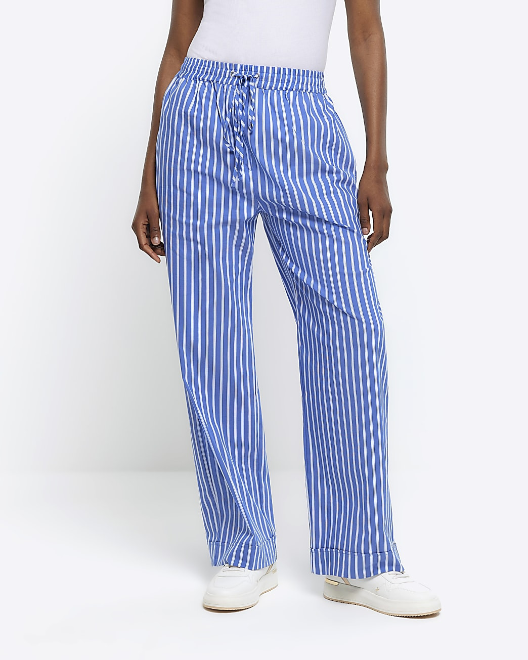 Blue stripe poplin pull on trousers | River Island (UK & IE)