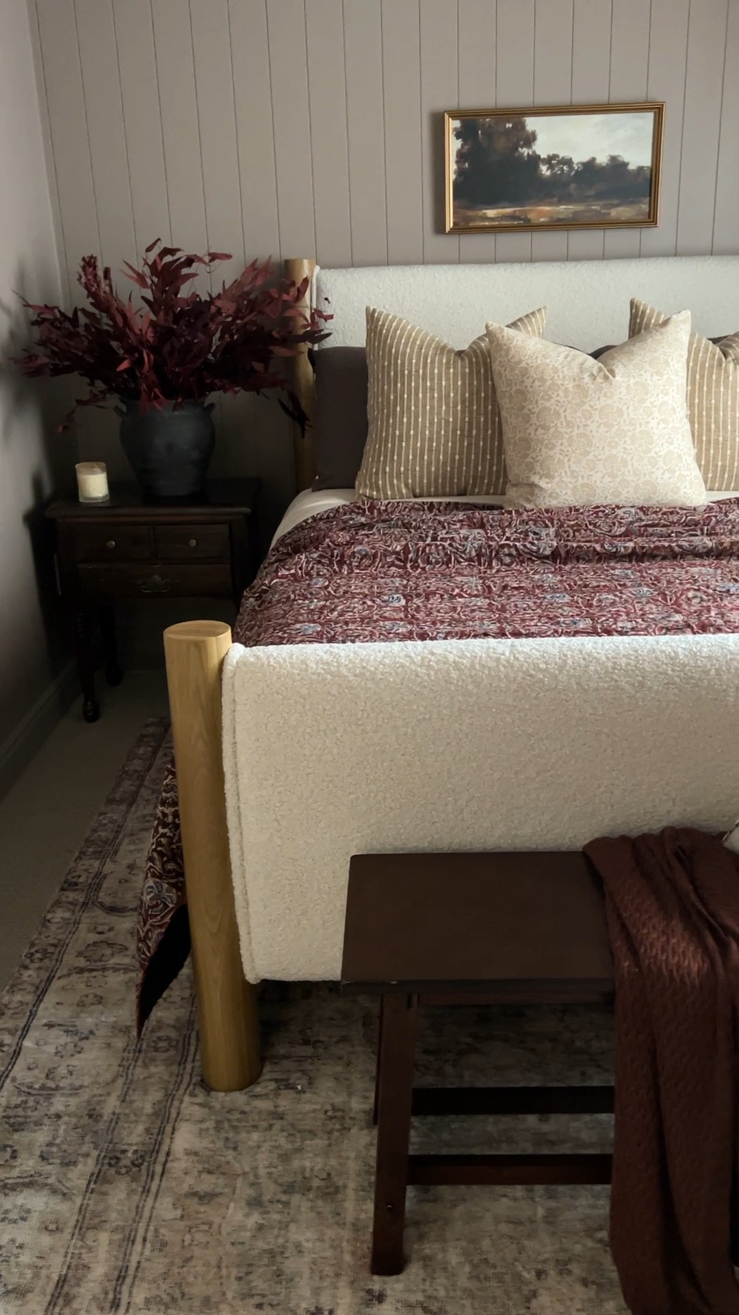 Moody bedroom styling 

Guest room burgundy kantha quilt tan beige throw pillow cover striped floral block print vintage rug red stems dark found vase aged bronze round side table urn lamp brown bench throw blanket vintage landscape framed art studio mcgee Etsy amber Lewis loloi linen curtains white and black quilt stitching empire lamp shade ceramic dish cream candle 

#LTKsalealert #LTKFind #LTKhome